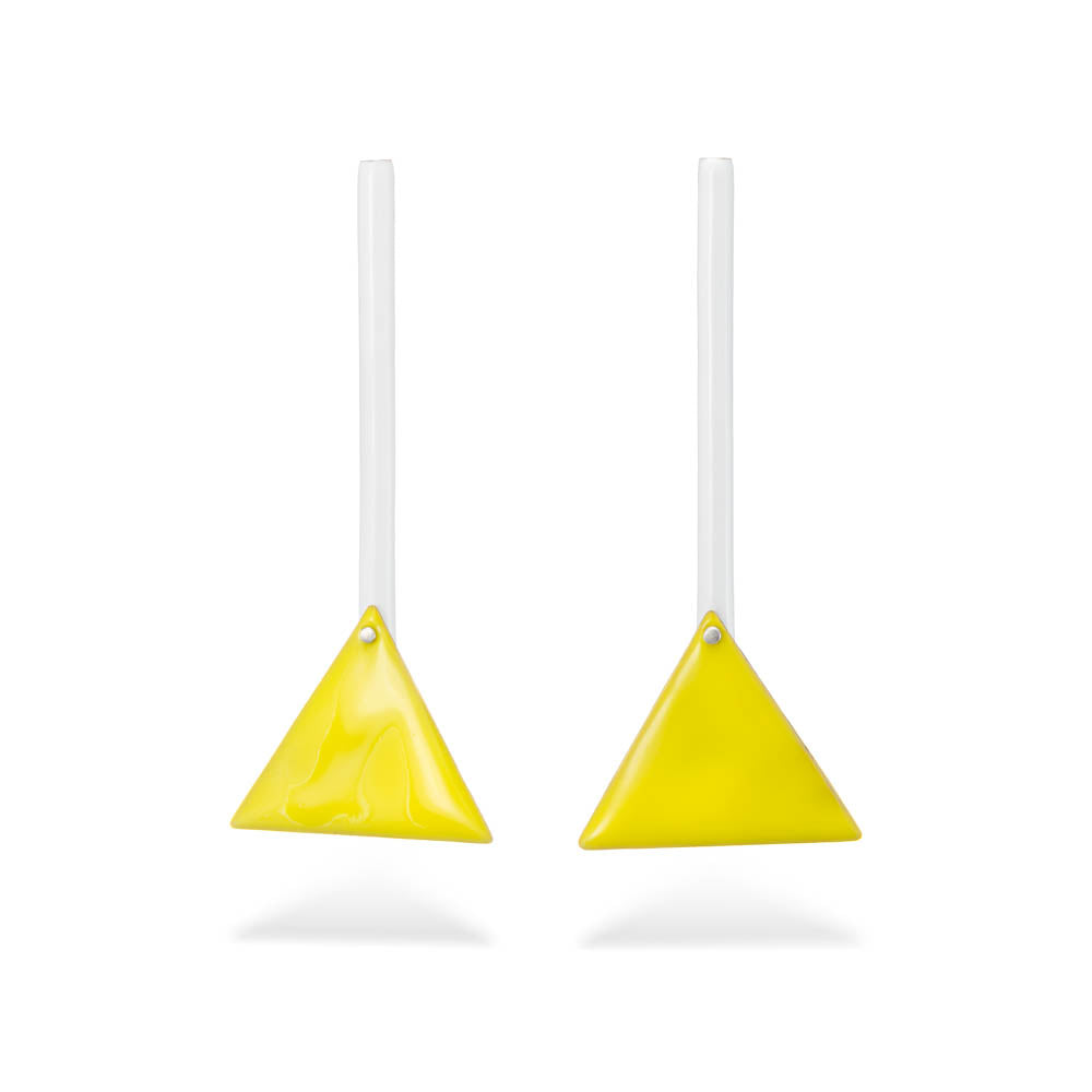 Triangle in motion - long earrings with enamel - yellow & white