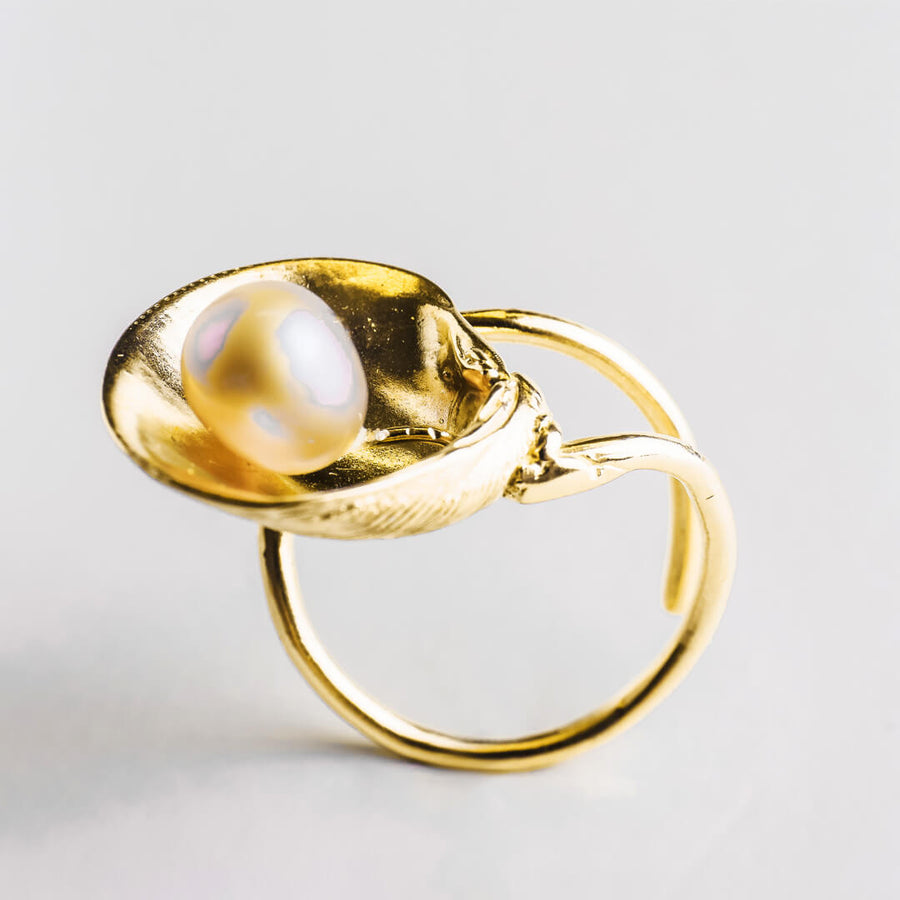 Master clam με μεγάλη πέρλα - δαχτυλίδι ρυθμιζόμενο - ασήμι 925 - επίχρυσο